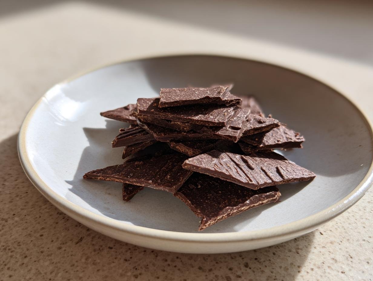 A small pile of broken, dark, textured Chocolate Crackers pieces resting in a light-colored bowl.