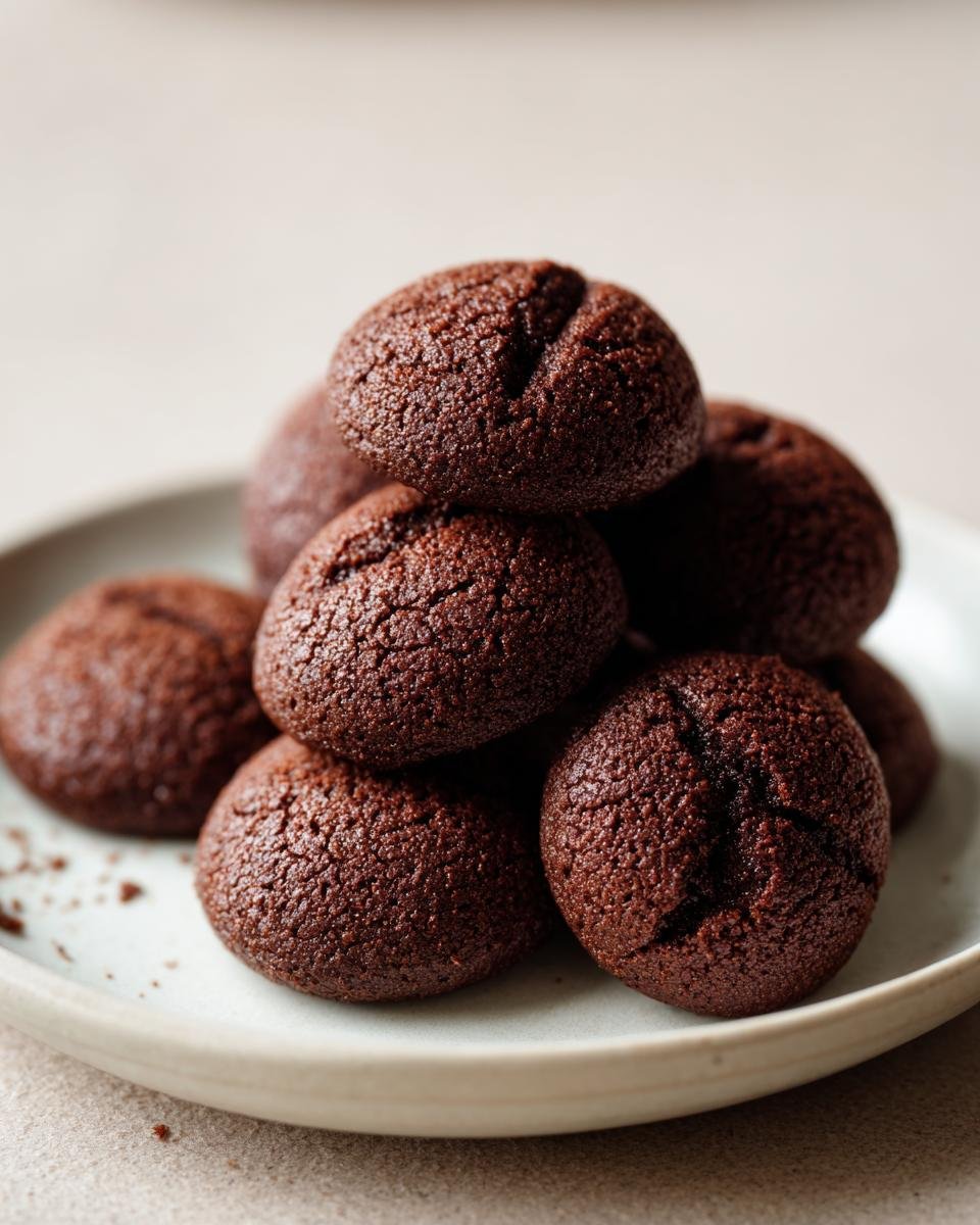 A close-up stack of dark, rich Chocolate Crackers with cracked tops resting on a light ceramic plate.