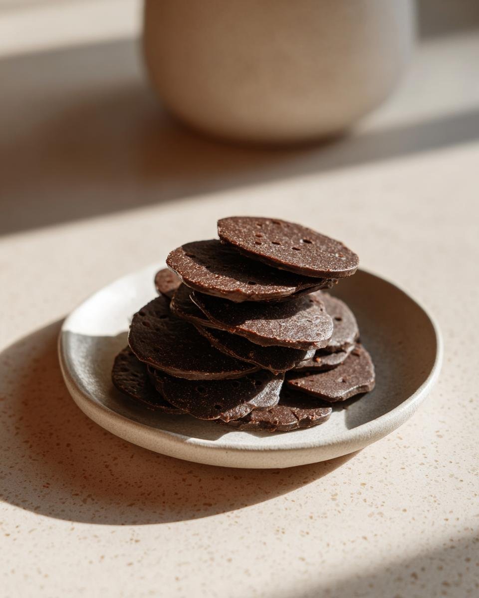 A stack of thin, dark brown homemade Chocolate Crackers resting on a small, light grey ceramic plate.