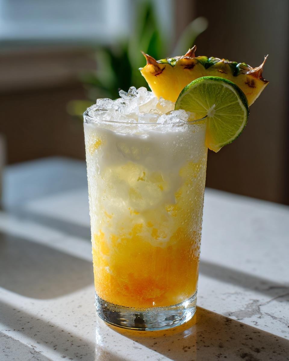 A tall, chilled glass filled with a layered Citrus Pineapple Coconut Mocktail, topped with crushed ice and garnished with lime and pineapple.
