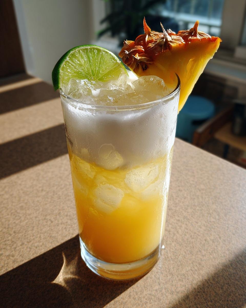 A tall glass filled with a bright yellow Citrus Pineapple Coconut Mocktail, topped with foam, ice, a lime slice, and pineapple wedge.