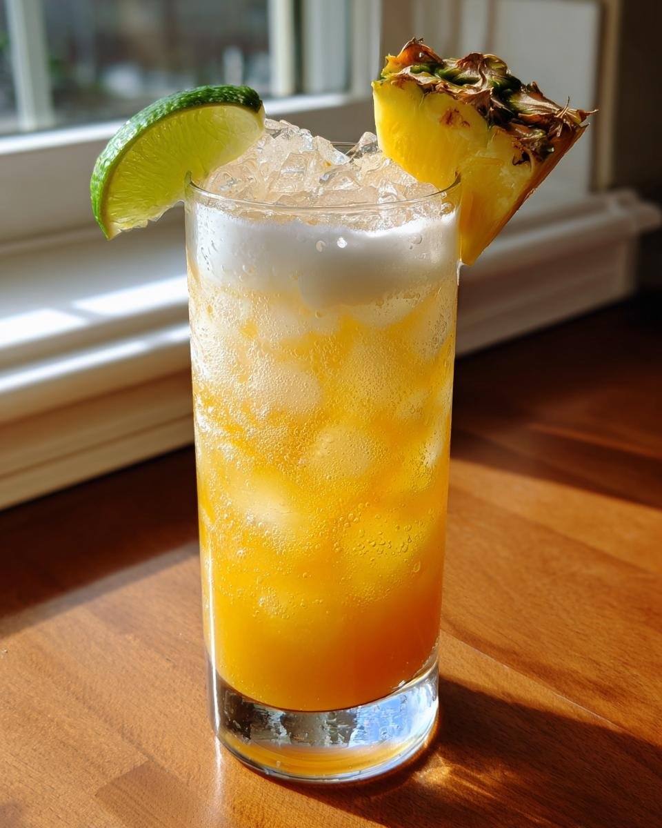 A tall glass filled with a bright yellow Citrus Pineapple Coconut Mocktail, topped with crushed ice, coconut foam, and garnished with a lime wedge and pineapple chunk.