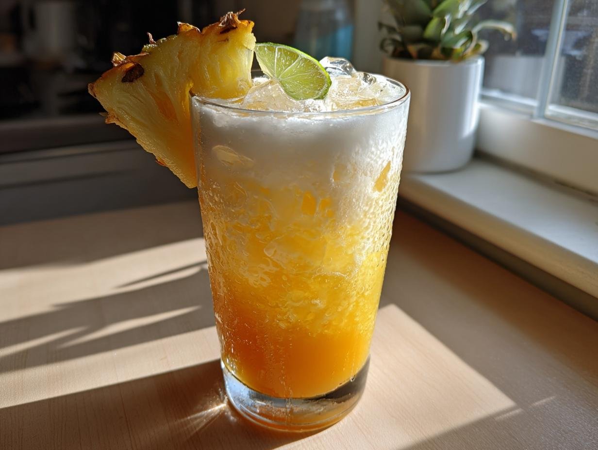 A tall glass filled with a layered Citrus Pineapple Coconut Mocktail, garnished with pineapple and lime.