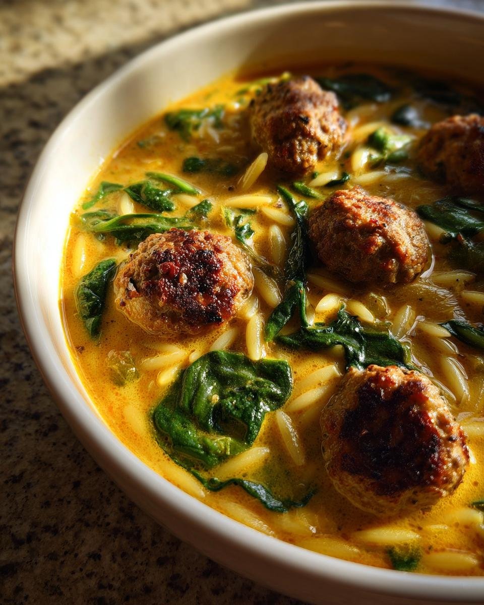 Close-up of Coconut Curry Meatball Orzo Soup featuring browned meatballs, orzo pasta, and wilted spinach in a rich yellow broth.