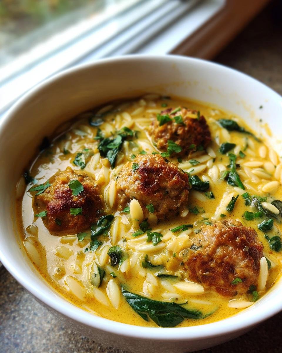 Close-up of a white bowl filled with Coconut Curry Meatball Orzo Soup, featuring meatballs, orzo pasta, and spinach.