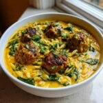 A white bowl filled with rich Coconut Curry Meatball Orzo Soup, featuring seared meatballs and wilted spinach.