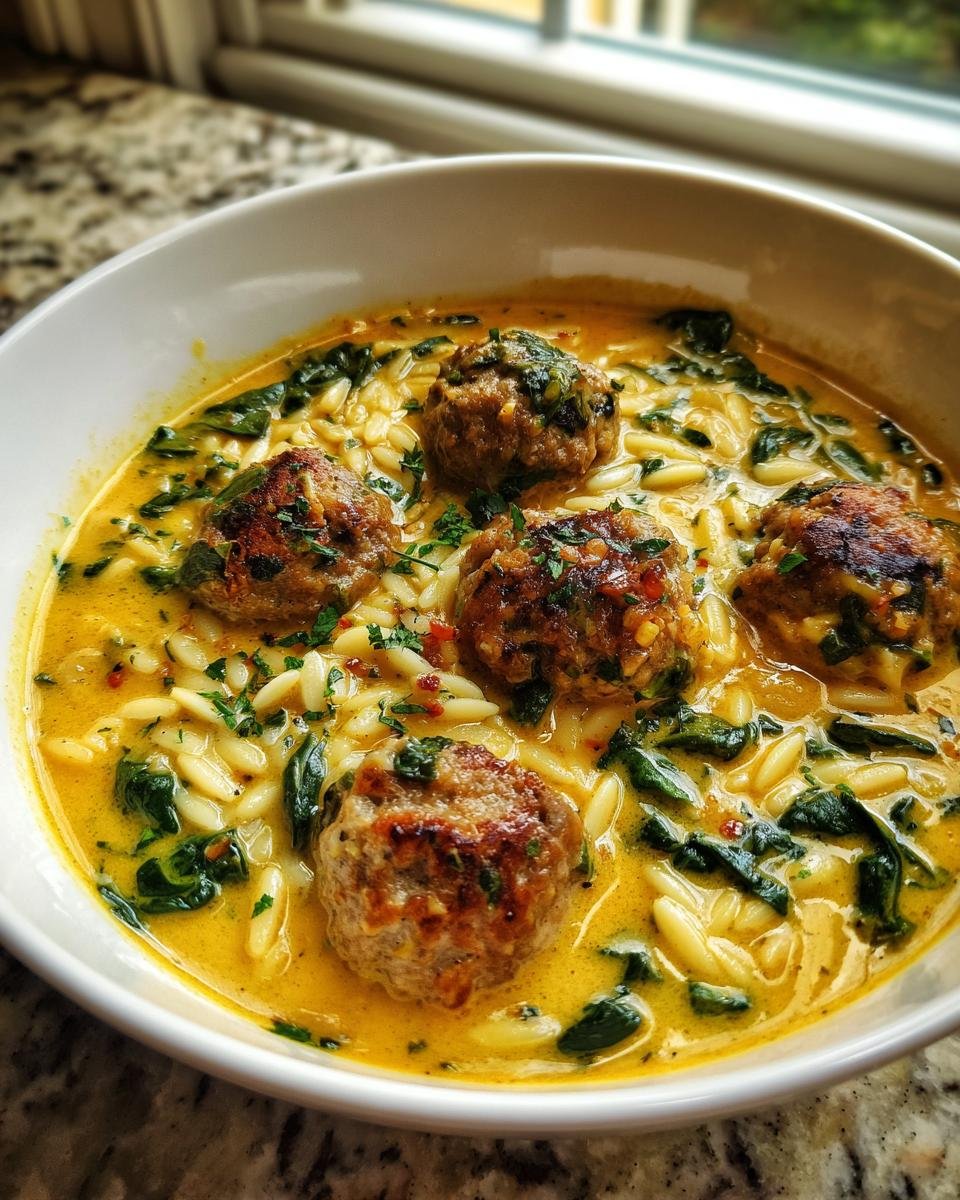 A close-up bowl of Coconut Curry Meatball Orzo Soup featuring five browned meatballs, orzo pasta, and wilted spinach in a rich yellow broth.