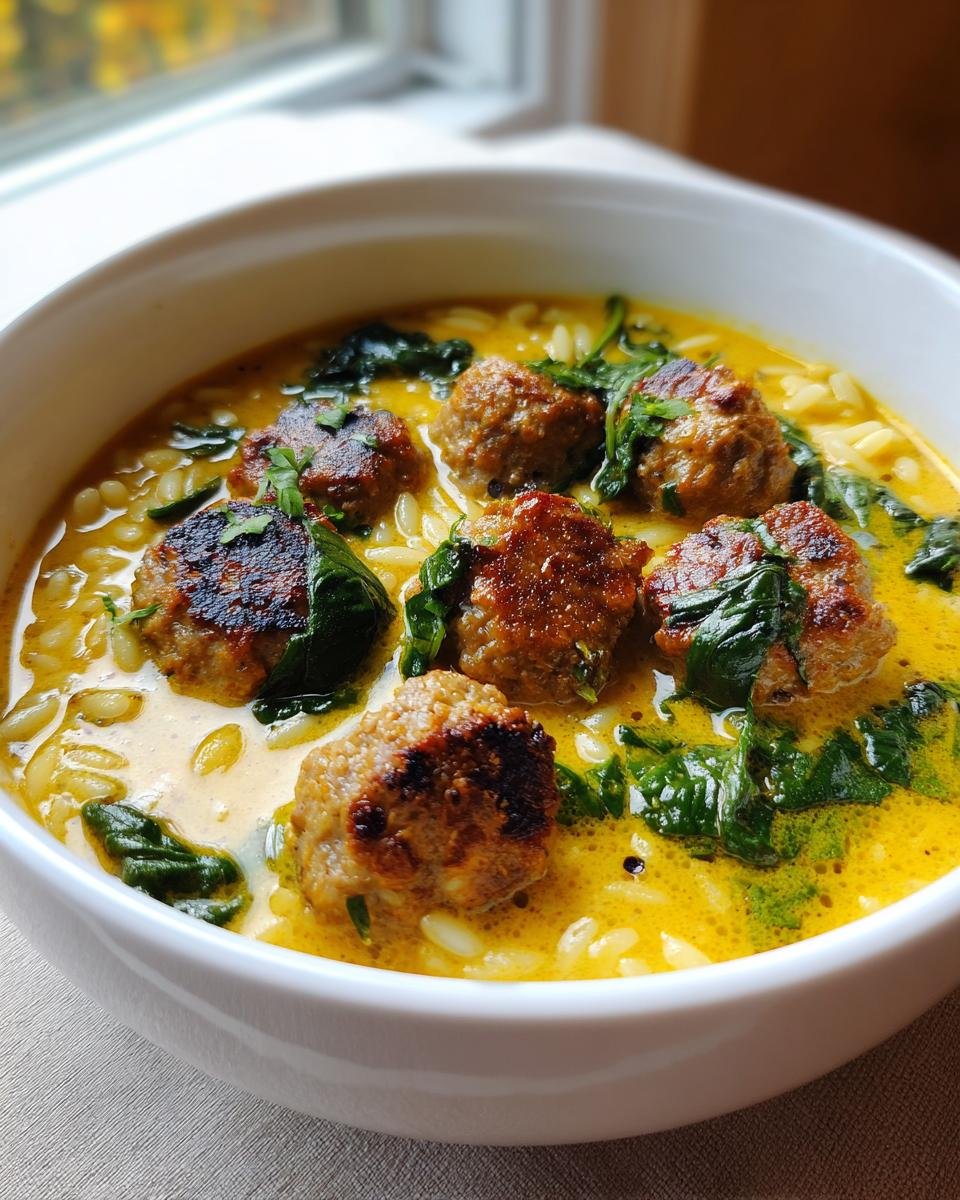 Close-up of Coconut Curry Meatball Orzo Soup featuring browned meatballs and wilted spinach in a rich yellow broth.