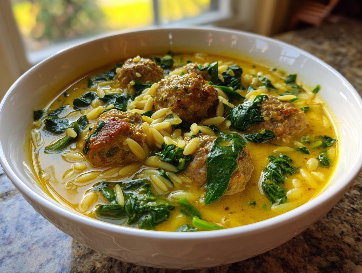 A close-up of a white bowl filled with Coconut Curry Meatball Orzo Soup, featuring meatballs, orzo pasta, and wilted spinach in a rich yellow broth.