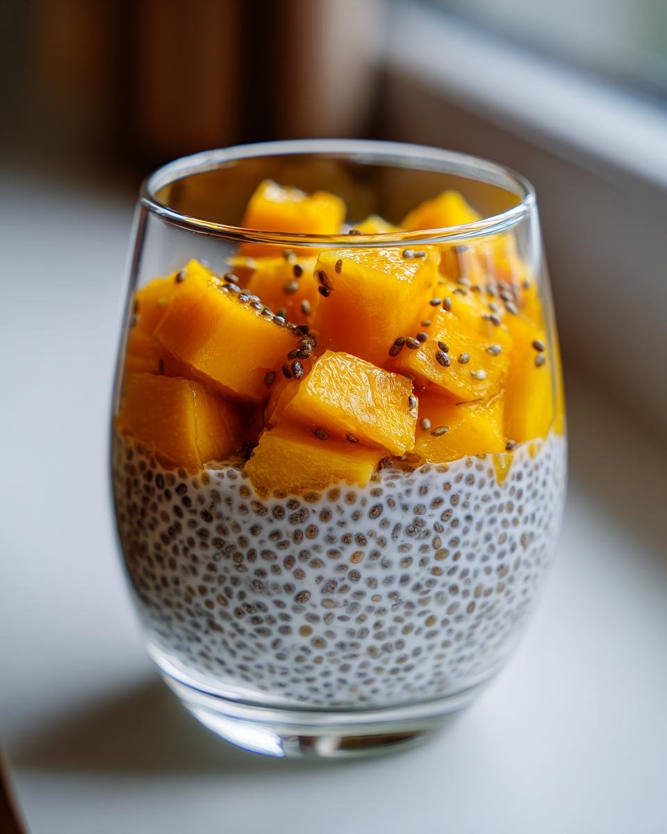 A glass filled with Coconut Mango Chia Pudding, showing soaked chia seeds topped with bright yellow mango chunks.