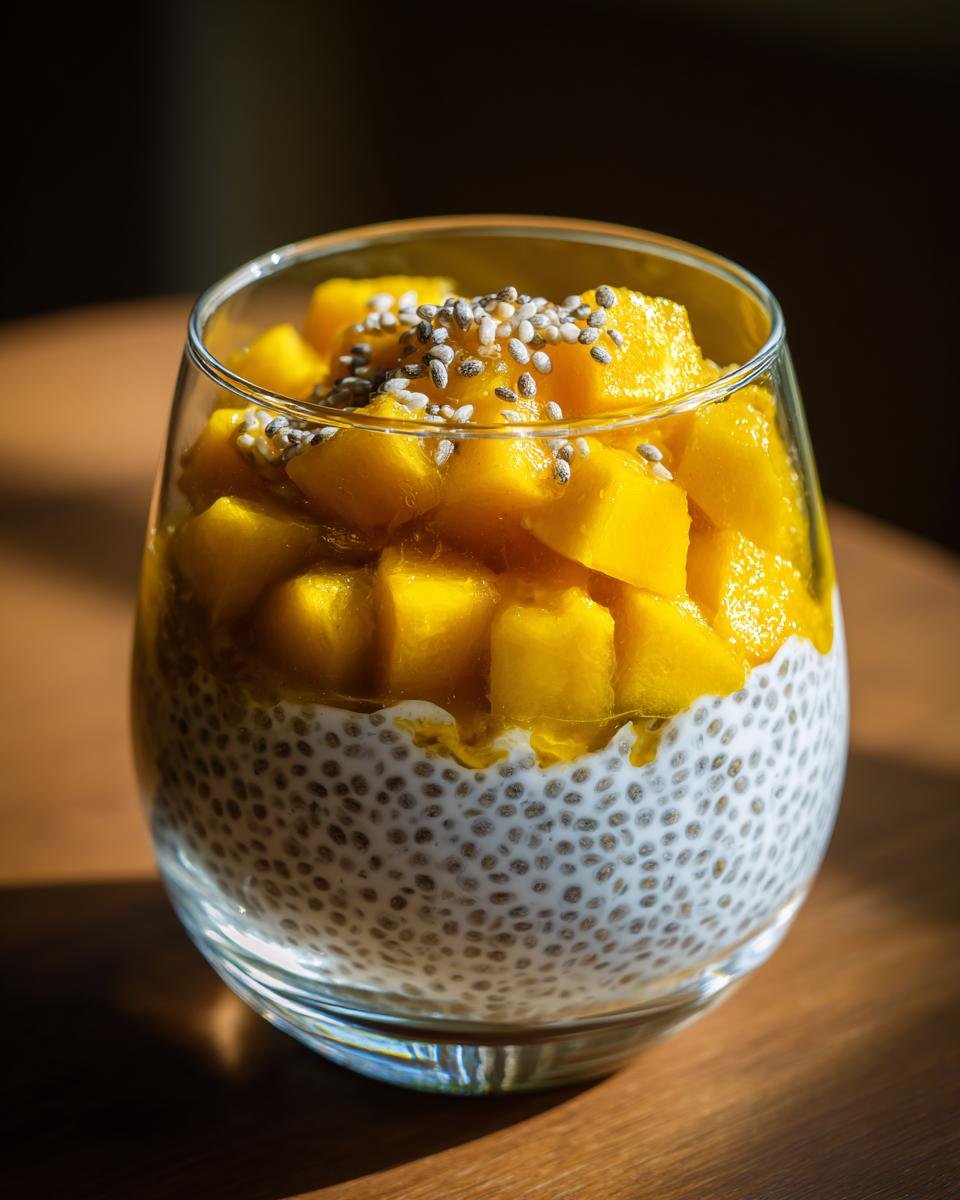 Close-up of Coconut Mango Chia Pudding layered in a glass, topped with fresh mango chunks and chia seeds.
