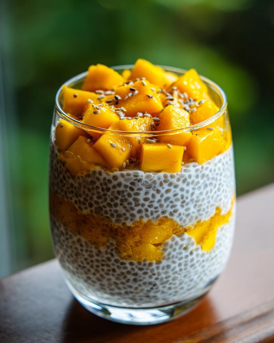 A tall glass filled with layered Coconut Mango Chia Pudding, topped with fresh mango chunks and seeds.