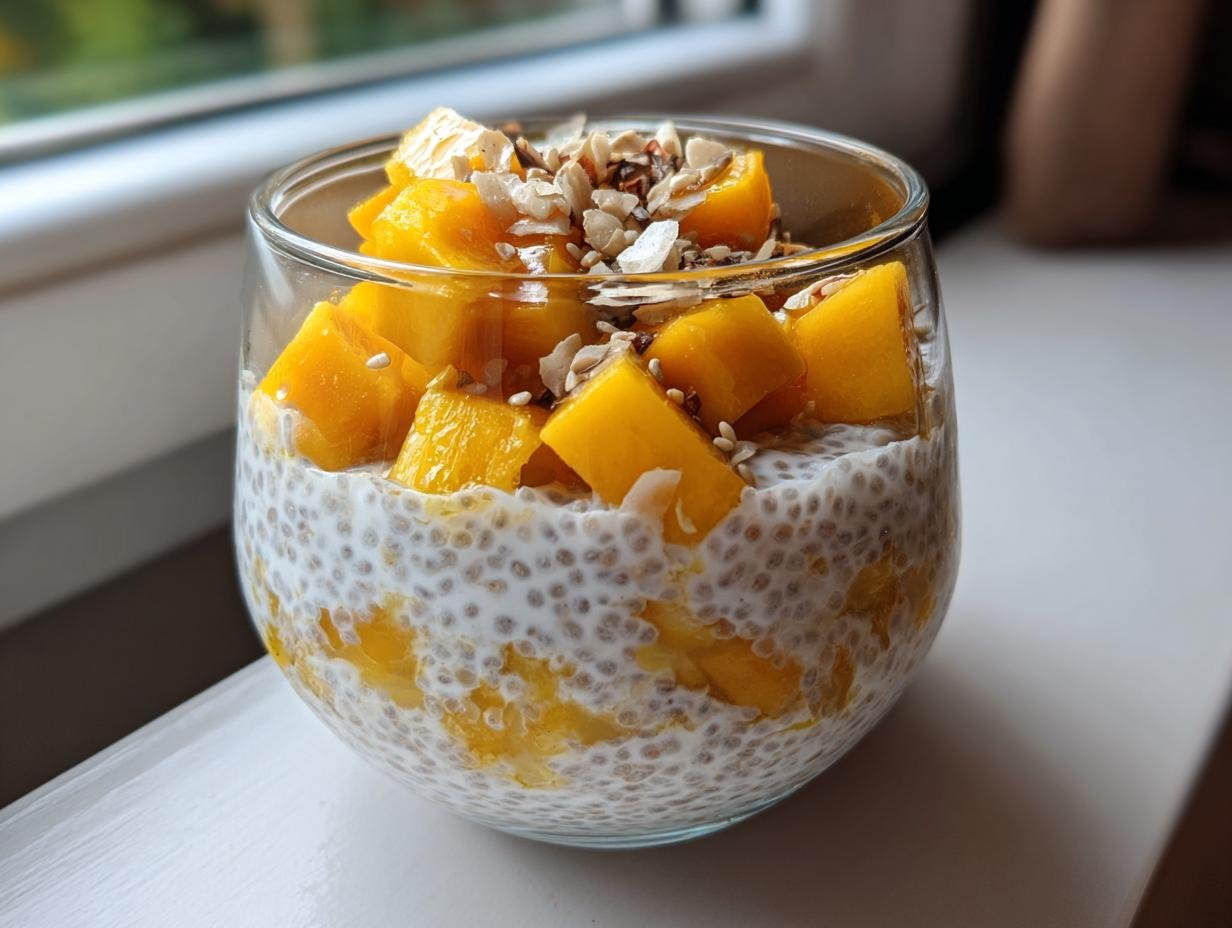 A glass of layered Coconut Mango Chia Pudding topped with fresh mango chunks and seeds.
