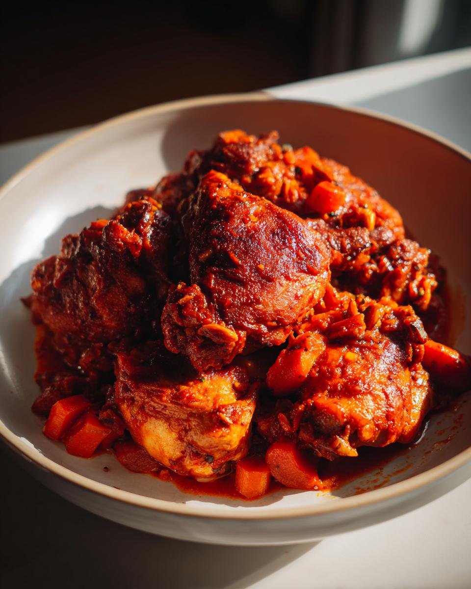 Close-up of rich, deeply colored Comforting Rustic Chicken Cacciatore Recipe pieces in a shallow bowl with carrots.