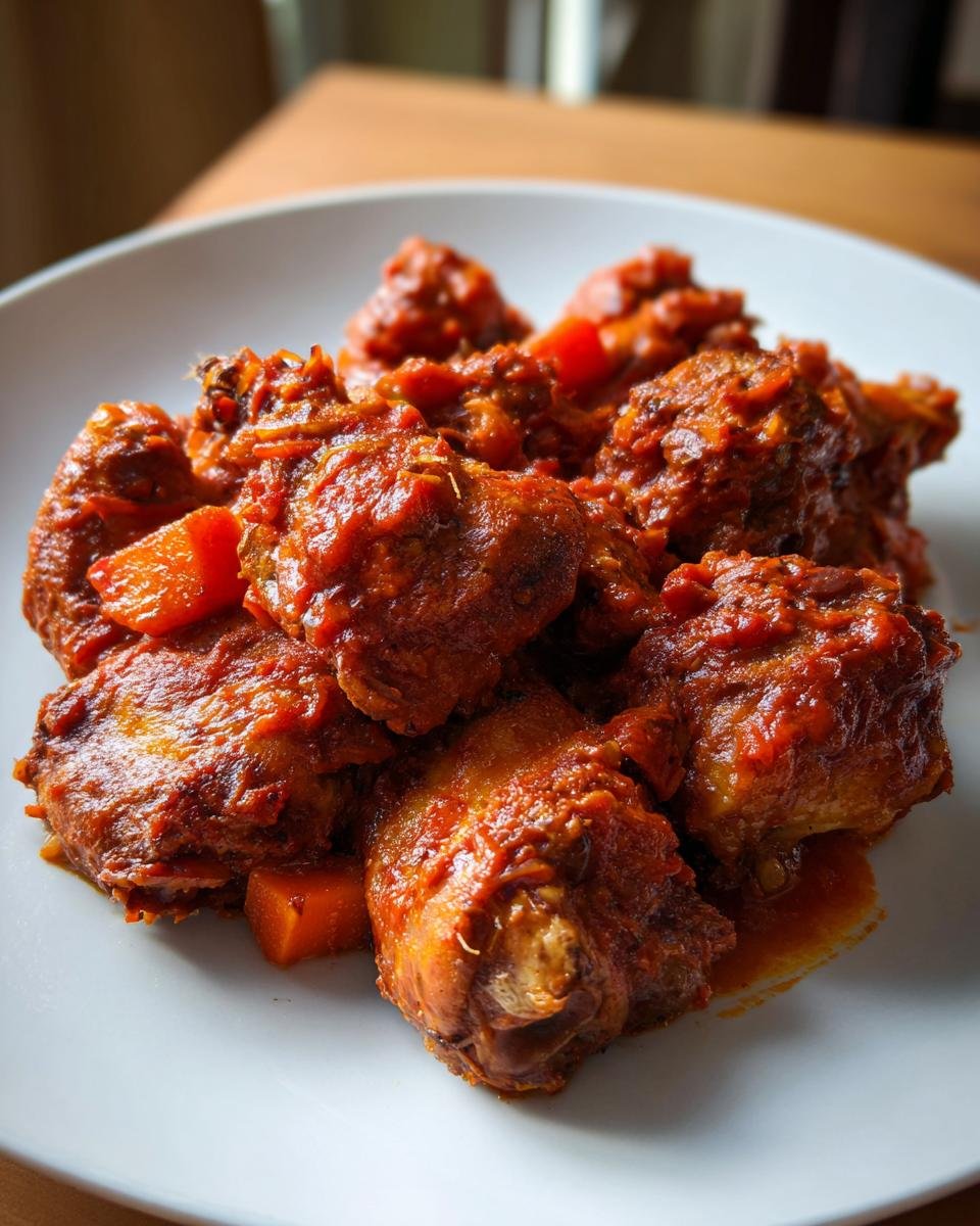 Close-up of tender chicken pieces smothered in rich, rustic tomato sauce in a Comforting Rustic Chicken Cacciatore Recipe.