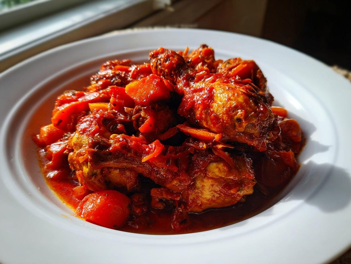 Close-up of rich, tomato-braised chicken pieces in a Comforting Rustic Chicken Cacciatore Recipe.