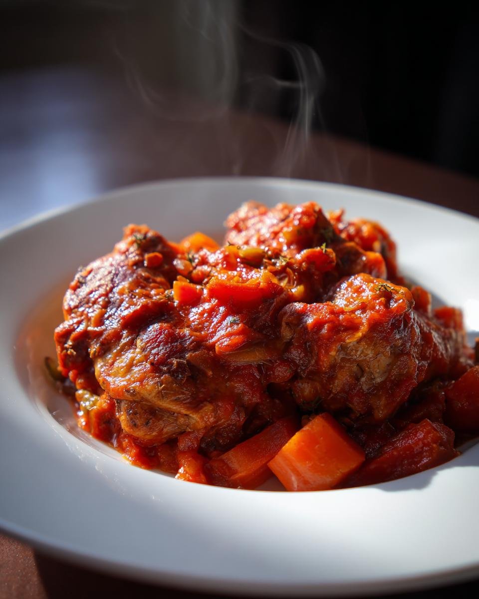 Close-up of steaming Comforting Rustic Chicken Cacciatore Recipe served in a white bowl with rich tomato sauce and carrots.