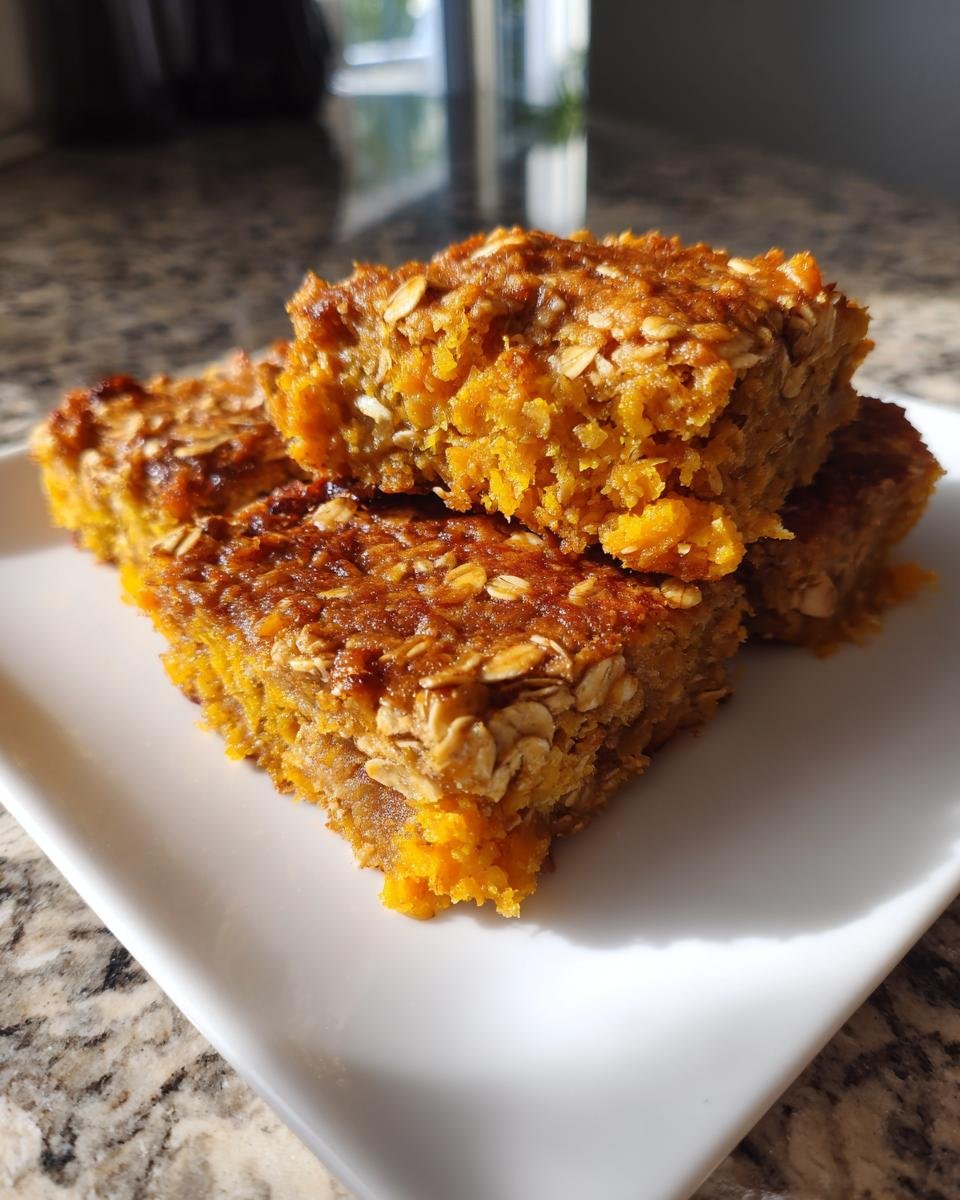 Three squares of moist Cozy Pumpkin Baked Oatmeal stacked on a white rectangular plate.