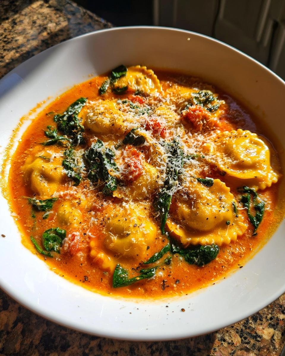 A close-up of a white bowl filled with Cozy Tuscan Ravioli Soup, featuring cheese ravioli in a creamy tomato broth with spinach and grated Parmesan.