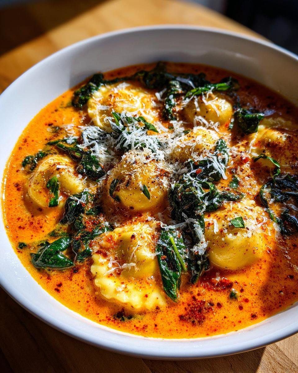 Close-up of Cozy Tuscan Ravioli Soup featuring cheese ravioli, wilted spinach, and grated Parmesan in a creamy orange broth.