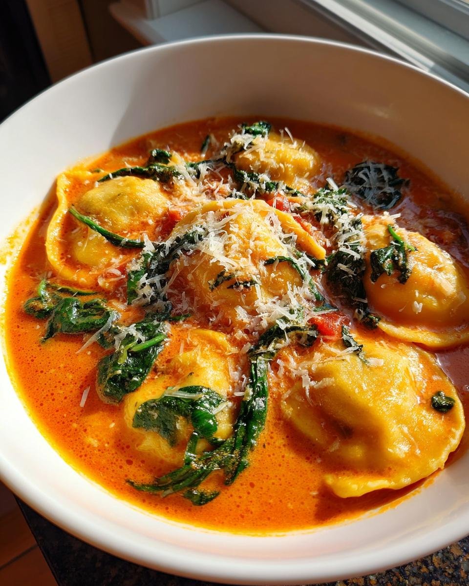 Close-up of a white bowl filled with Cozy Tuscan Ravioli Soup, featuring cheese ravioli, creamy tomato broth, spinach, and grated Parmesan.