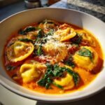 A close-up of a white bowl filled with Cozy Tuscan Ravioli Soup, featuring yellow ravioli, spinach, and grated Parmesan cheese.
