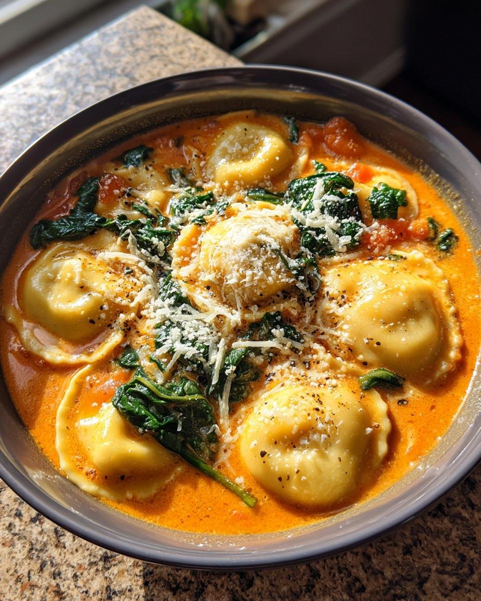 A close-up of a bowl of Cozy Tuscan Ravioli Soup featuring cheese ravioli, wilted spinach, and grated Parmesan.