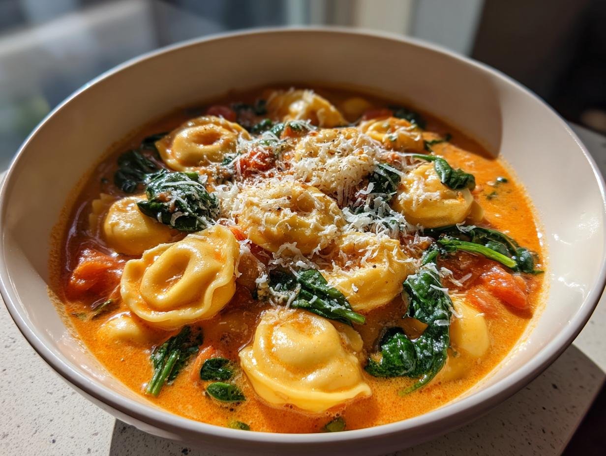 A close-up, bright photo of a bowl filled with Cozy Tuscan Ravioli Soup, featuring tortellini, spinach, and grated Parmesan cheese.