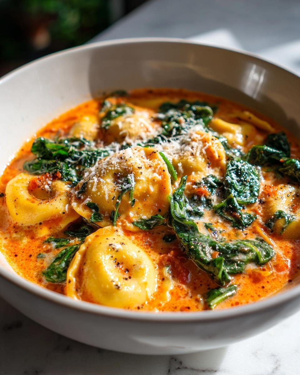 A close-up bowl of rich, creamy Cozy Tuscan Ravioli Soup featuring tortellini, wilted spinach, and grated Parmesan cheese.