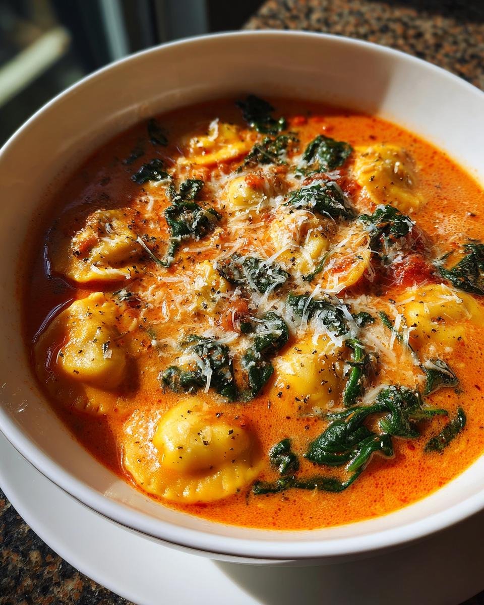 A close-up bowl of Cozy Tuscan Ravioli Soup featuring cheese ravioli, wilted spinach, and grated Parmesan cheese.