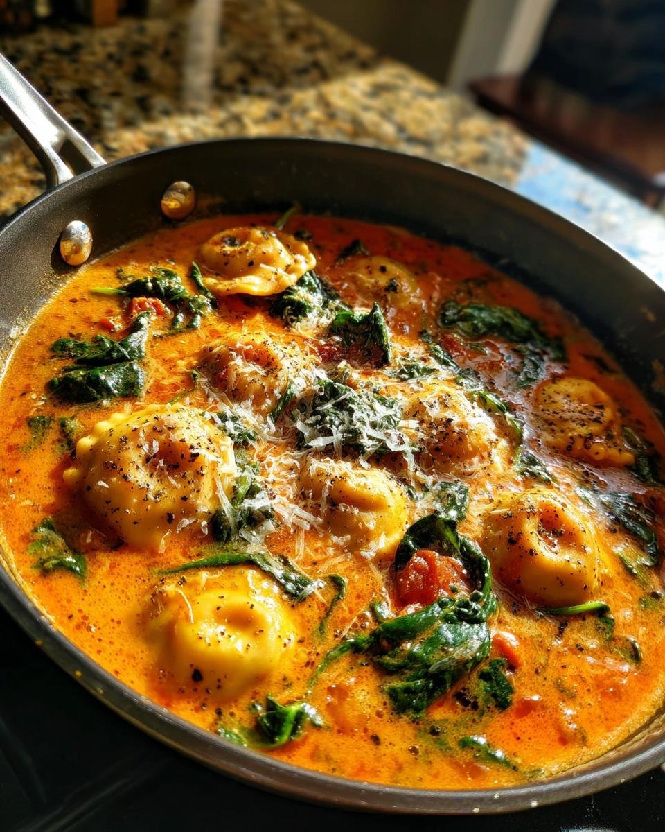 Close-up of Cozy Tuscan Ravioli Soup simmering in a skillet with creamy tomato broth, spinach, and grated Parmesan.