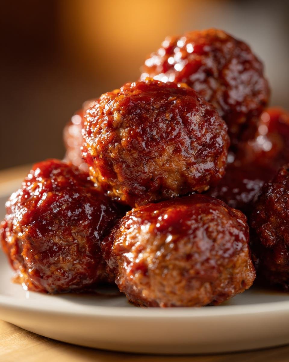 A close-up stack of glistening Cranberry BBQ Jerk Meatballs coated in a thick, dark red sauce.