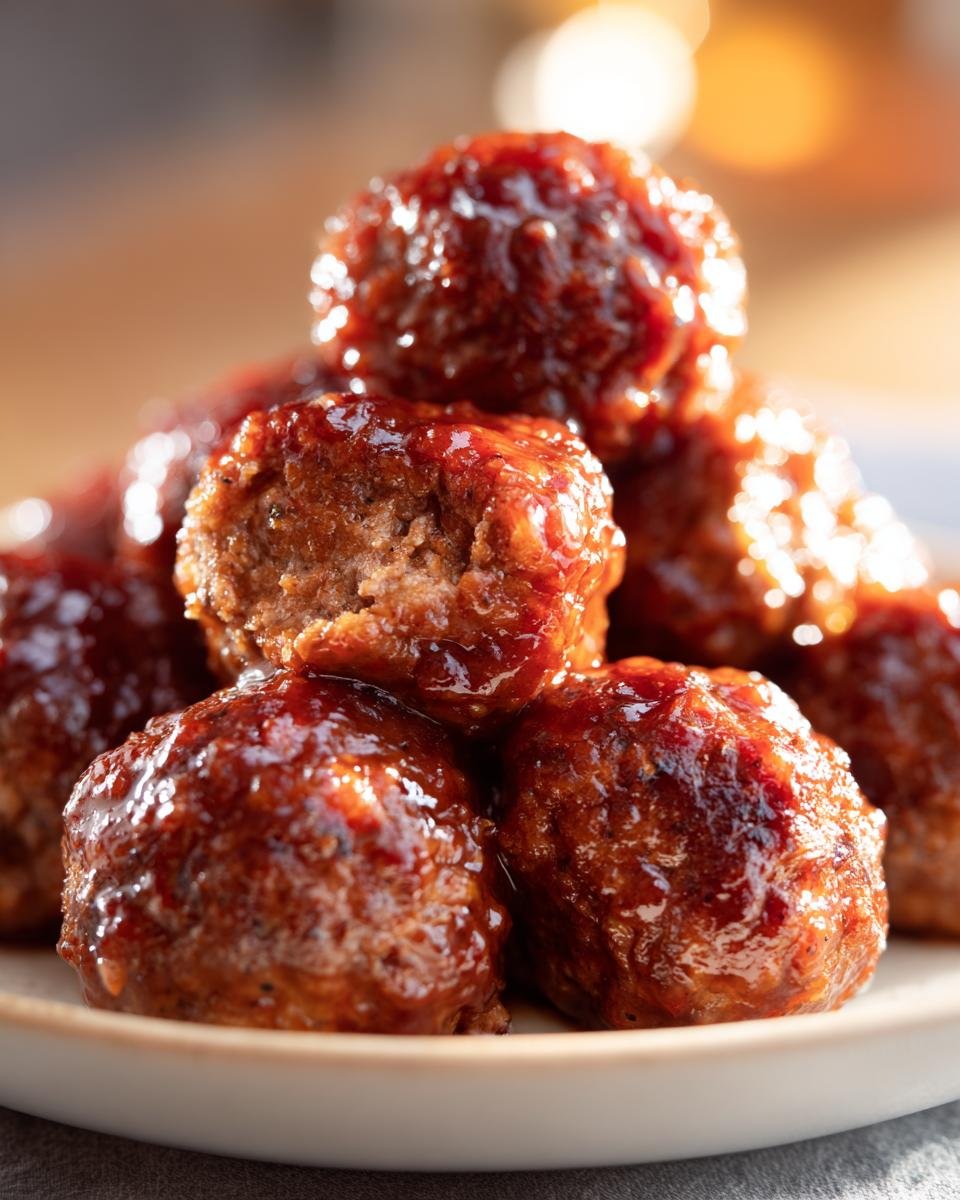 Close-up of shiny, glazed Cranberry BBQ Jerk Meatballs piled on a small plate.