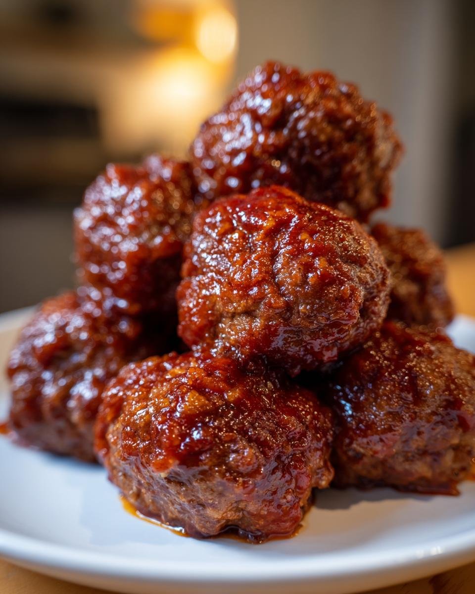 Close-up of a stack of juicy Cranberry BBQ Jerk Meatballs coated in a thick, glossy sauce.