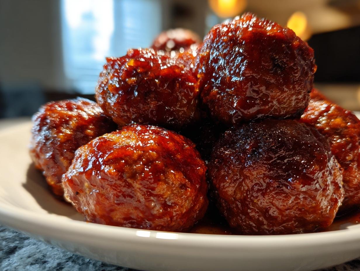 Close-up of several shiny, glazed Cranberry BBQ Jerk Meatballs stacked on a white plate.