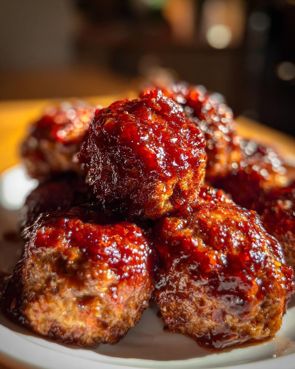 Close-up of several juicy Cranberry BBQ Jerk Meatballs covered in a thick, glossy, dark red sauce.