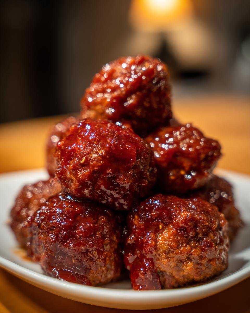 Close-up of several glistening Cranberry BBQ Jerk Meatballs piled high on a white dish.