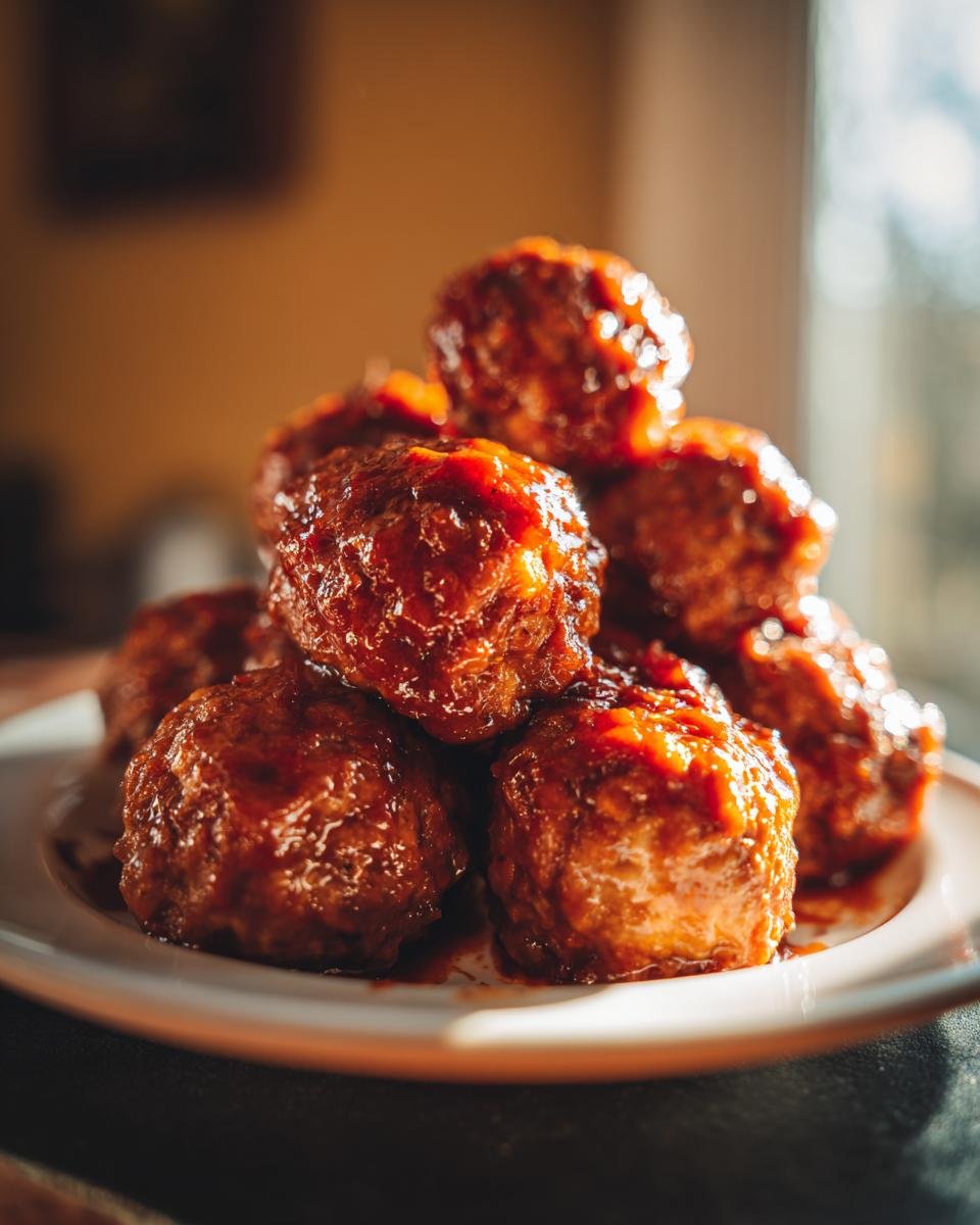 A close-up stack of glossy Cranberry BBQ Jerk Meatballs coated in a rich, dark red sauce, sitting on a white plate.