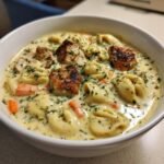 A close-up of a white bowl filled with Creamy Blackened Chicken Tortellini Soup, featuring tortellini, carrots, and blackened chicken pieces.