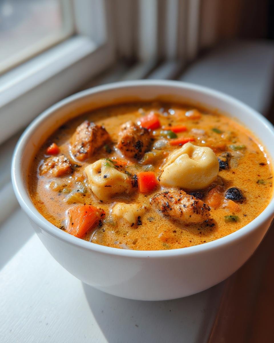 Close-up of a white bowl filled with Creamy Blackened Chicken Tortellini Soup, featuring blackened chicken pieces and tortellini pasta.