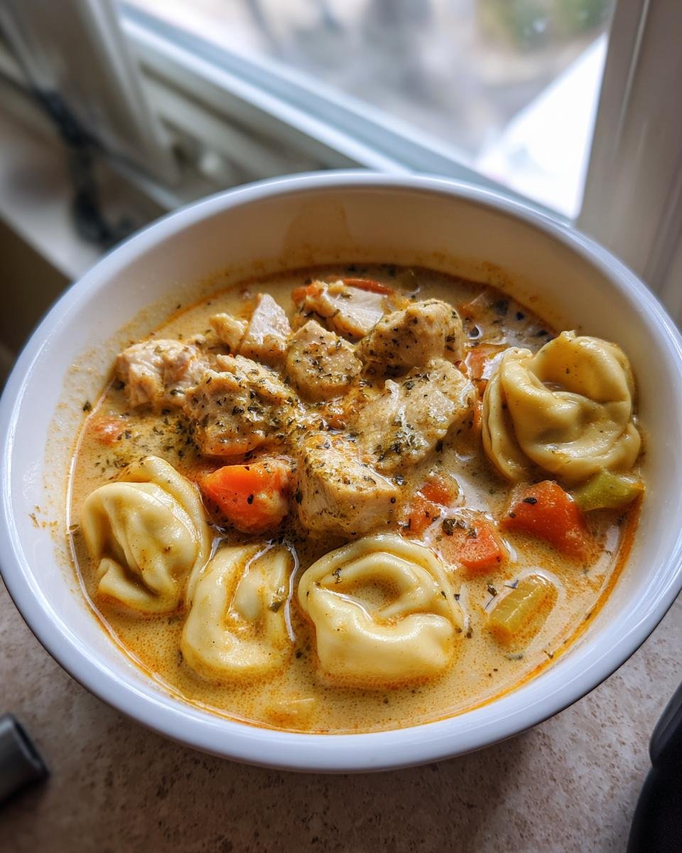 A close-up of a white bowl filled with Creamy Blackened Chicken Tortellini Soup, featuring tortellini, chicken chunks, and carrots in a rich broth.