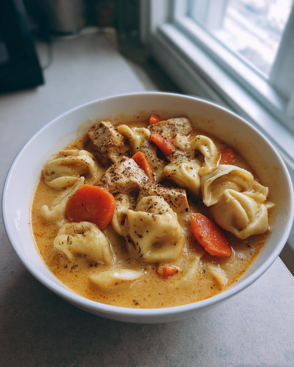 A close-up of a white bowl filled with Creamy Blackened Chicken Tortellini Soup, featuring tortellini, blackened chicken chunks, and sliced carrots.