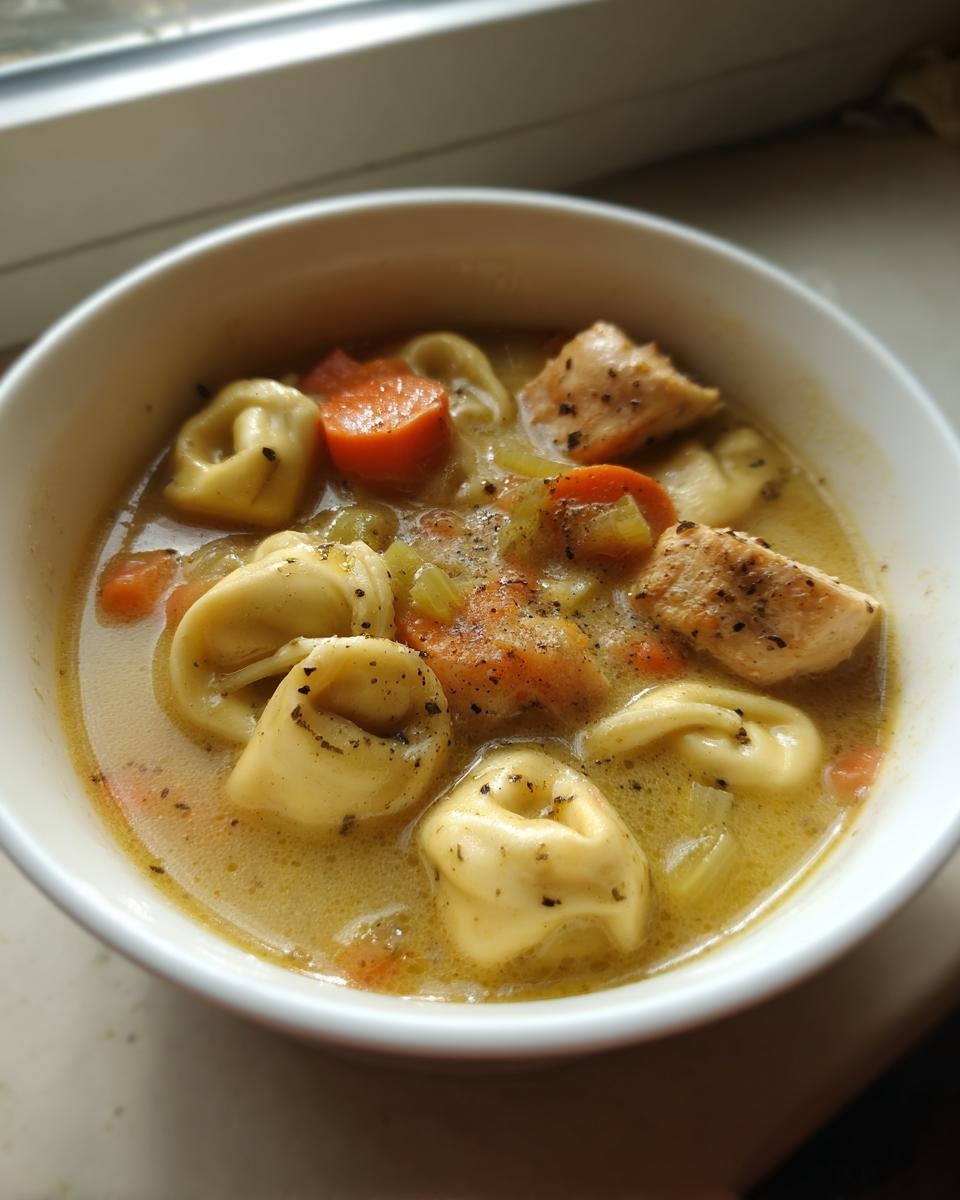 A close-up of a white bowl filled with Creamy Blackened Chicken Tortellini Soup, showing tortellini, carrots, and seasoned chicken chunks.