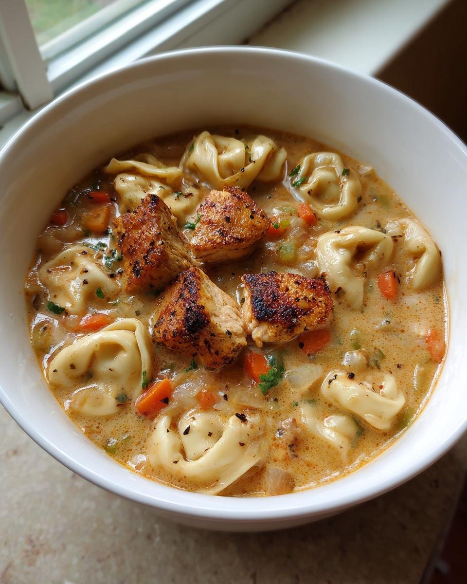 A close-up of a white bowl filled with Creamy Blackened Chicken Tortellini Soup, featuring blackened chicken pieces and cheese tortellini.