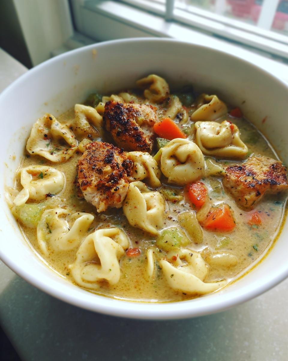 Close-up of a white bowl filled with Creamy Blackened Chicken Tortellini Soup, featuring tortellini, blackened chicken pieces, and diced carrots.