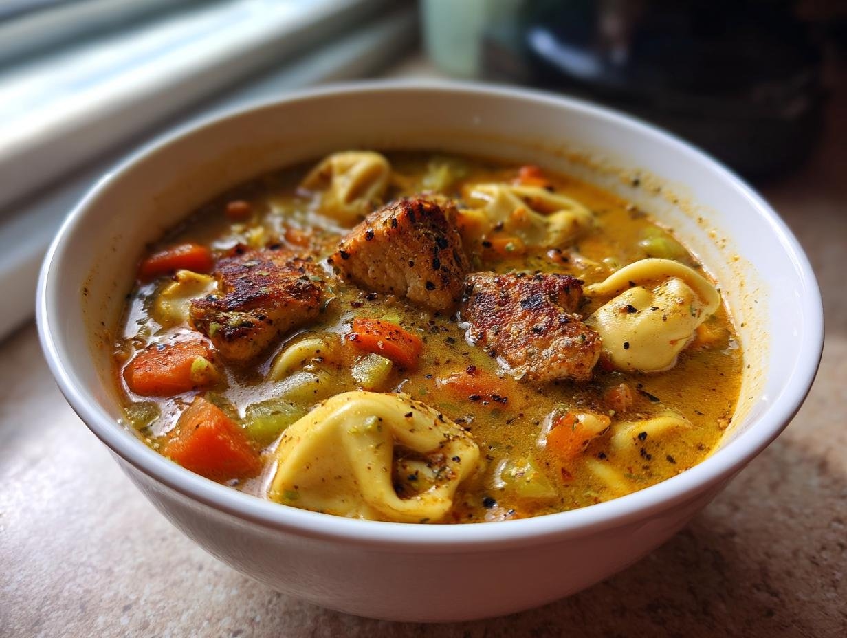 Close-up of a white bowl filled with Creamy Blackened Chicken Tortellini Soup, featuring blackened chicken pieces, tortellini, and carrots.