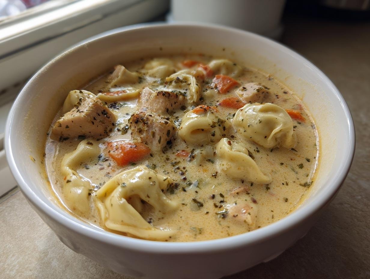 A close-up of a white bowl filled with Creamy Blackened Chicken Tortellini Soup, showing pasta, chicken chunks, and carrots.