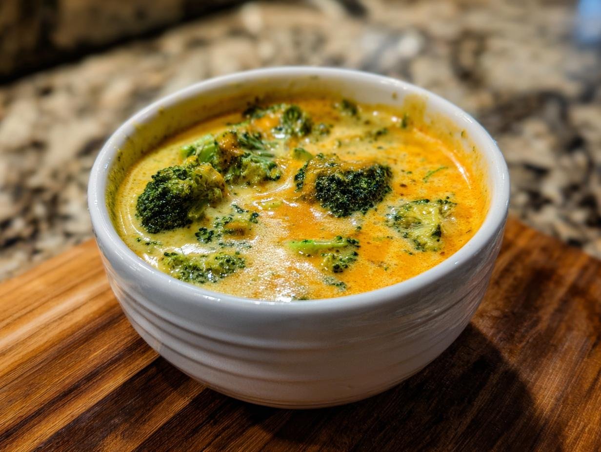 Close-up of a white bowl filled with rich, orange-yellow Creamy Broccoli Cheddar Soup topped with bright green broccoli florets.