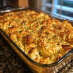 A golden-brown, baked Creamy Cauliflower Brussels Sprouts Casserole in a glass baking dish.