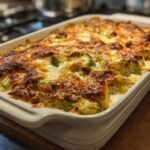 A golden-brown, bubbling Creamy Cauliflower Brussels Sprouts Casserole fresh from the oven in a white baking dish.